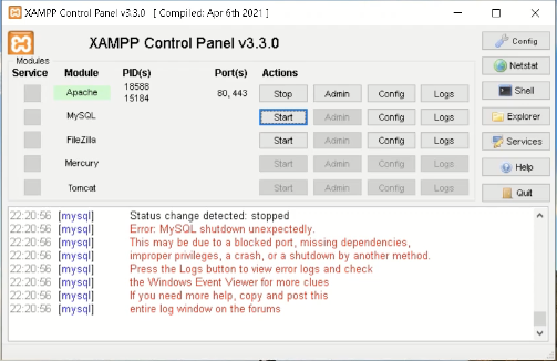 MYSQL shutdown unexpectedly